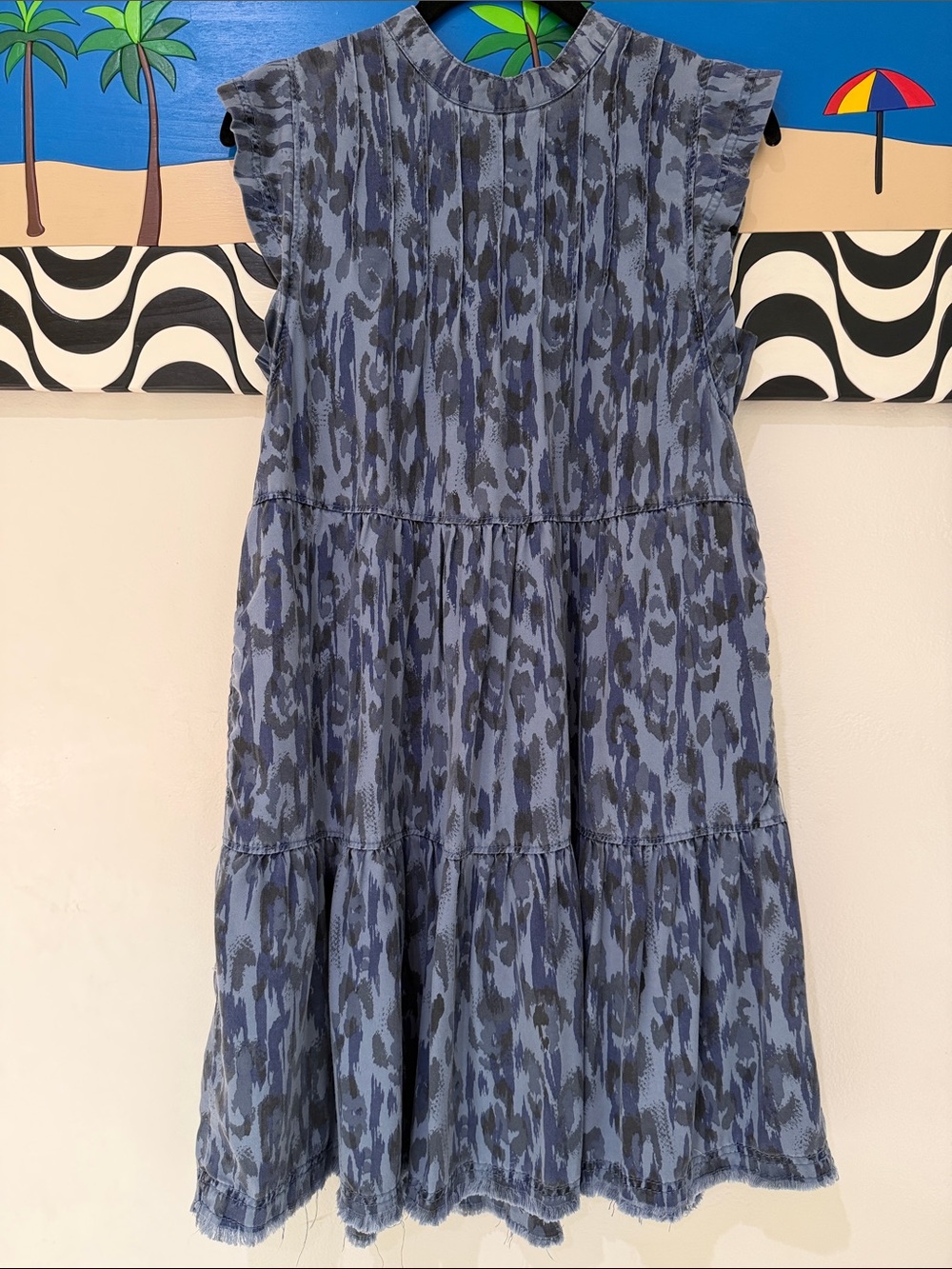 Anthropologie Blue and Black Tiered Short-Sleeve Dress